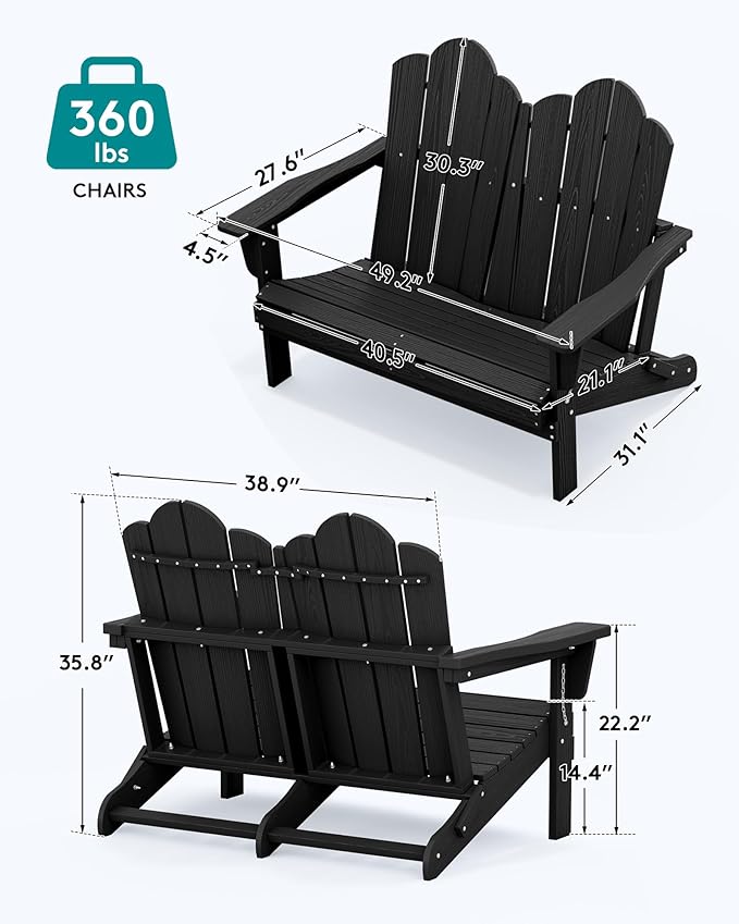 SERWALL 3 Pieces Patio Adirondack Bench Set, 2 Folding Adirondack Bench and 1 Coffee Table Set for Front Porch Garden Balcony Backyard, Black