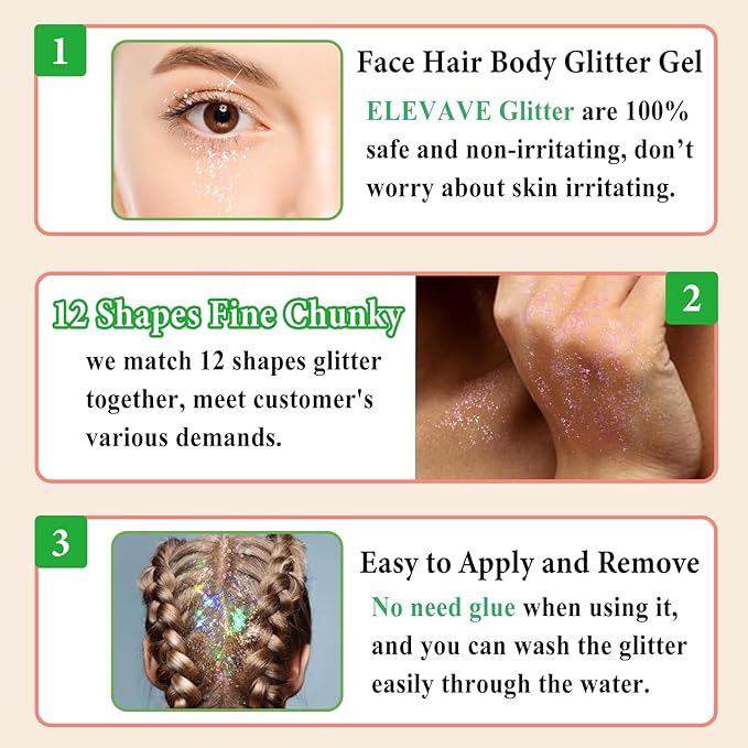 Body Glitter Face Glitter, Hair Glitter for Kids, 12 Shapes Fine Chunky Glitter Gel for Women Girls Makeup Sparkles Party Mermaid Sequins Rave Accessories Singer Concerts Festival (6 Colors)