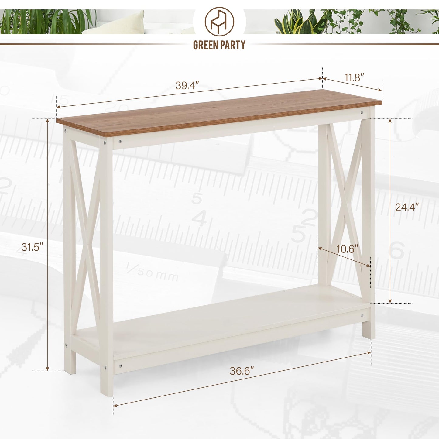 GREEN PARTY 40'' Console Table with Storage Shelf, 2 Tier Farmhouse Sofa Table X-Shaped Design Couch Table Narrow Console Table for Entryway, Hallway, Living Room, Ivory