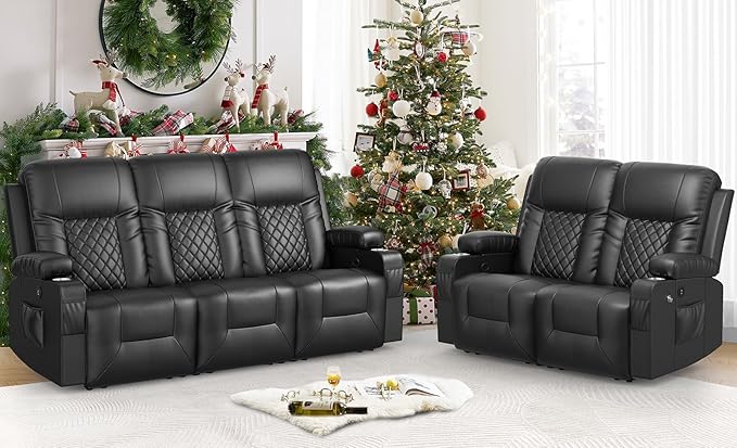FURNIMAT Oversized Recliner Sofa Set with 2+3 Pieces in Living Room, PU Leather Loveseat Recliner Couch, Modern 3 Seats Dual Reclining Sofa with Cup Holder and 2 Cell Phone Holder, USB Ports, Black
