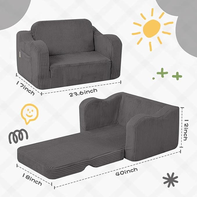 MeMoreCool Toddler Chair Comfy for 1-3 Years Old, Corduroy Kids Couch Bed Fold Out, 2-in-1 Foldable Baby Lounge Chair, Pull Out Children Sofa Bed, Dark Grey
