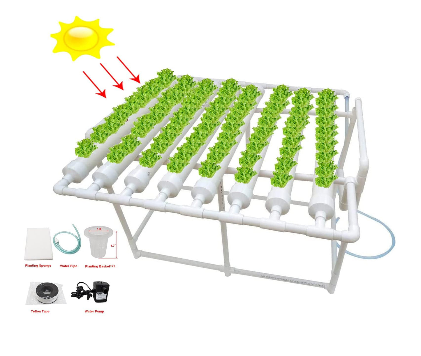 INTBUYING Hydroponics Growing System 72 Holes 8 Pipes 1 Layer Plant Site Grow Kit Hydroponic Gardening System with 110V Water Pump, Nest Basket, Sponge for Leafy Vegetables