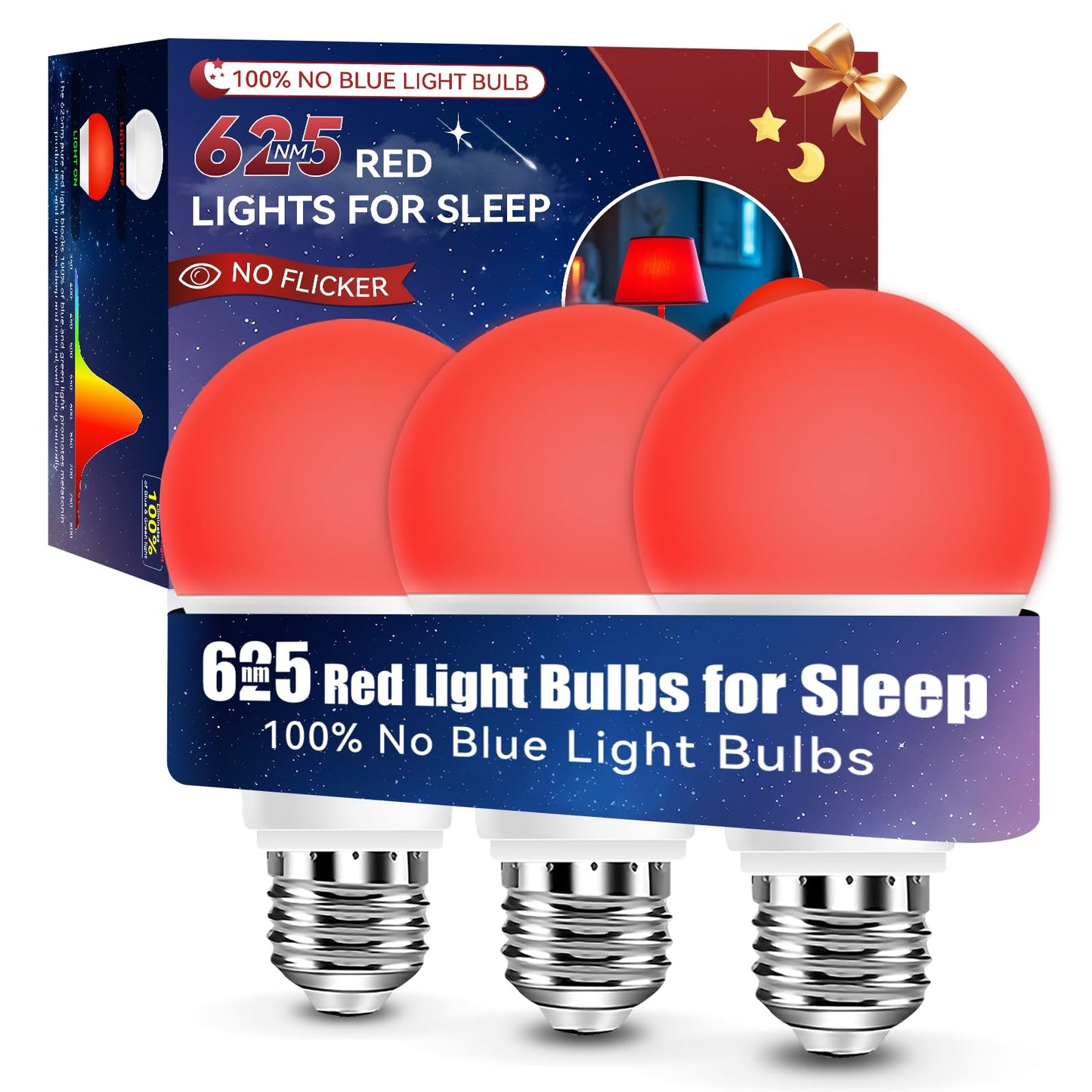 Neporal Red Light Bulbs for Sleep 9W, 100% Blue Light Blocking Red Night Light, 625nm Sleep Light for Melatonin Promoting, A19 60W Equivalent Dim Light Bulbs for Bedroom, Baby Nursery,3 Pack