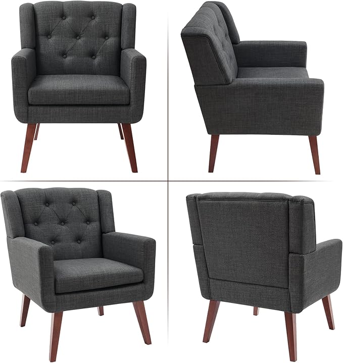 Accent Chair Button-Tufted Upholstered Living Room Chairs Comfy Reading Chair Mid Century Modern Chair with Linen Fabric Lounge Arm Chairs for Living Room Bedroom (Grey Set of 2)
