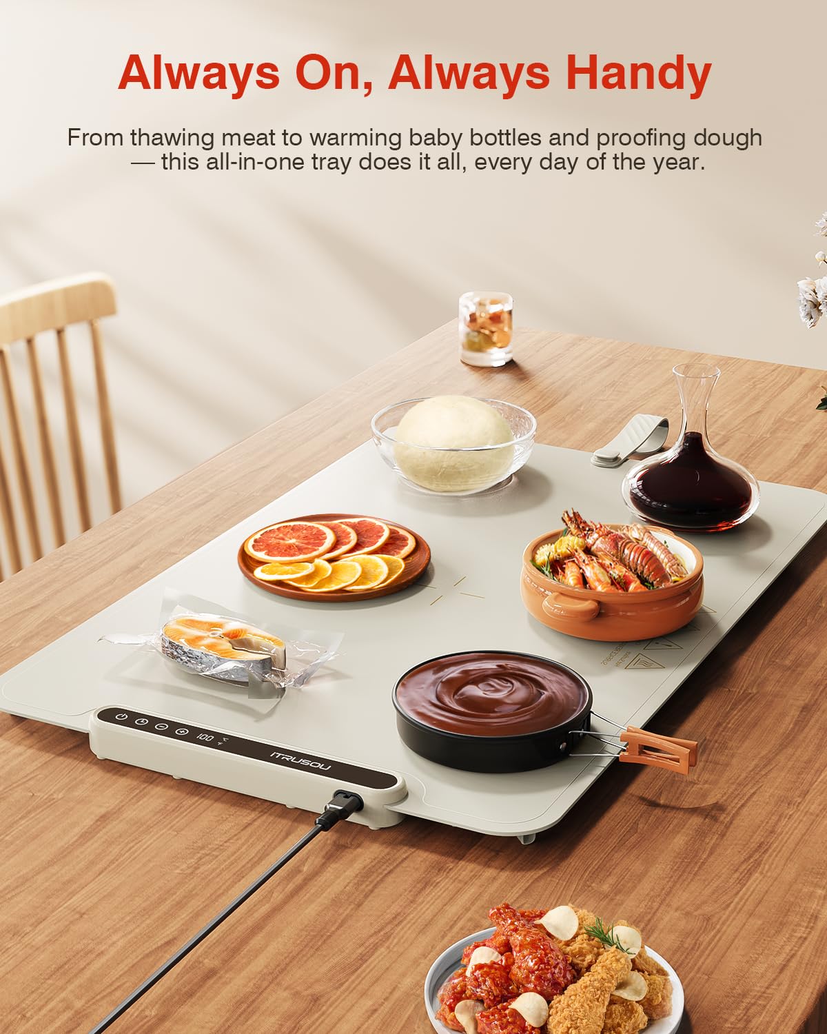 Warming Mat for Food, iTRUSOU Electric Warming Tray 99H Continuous Heat,7 Temp Settings,Patented Full-Surface Heating,°F/°C Switch,Flexible Roll-Up Food Warmers for Parties Buffet,Everyday Use