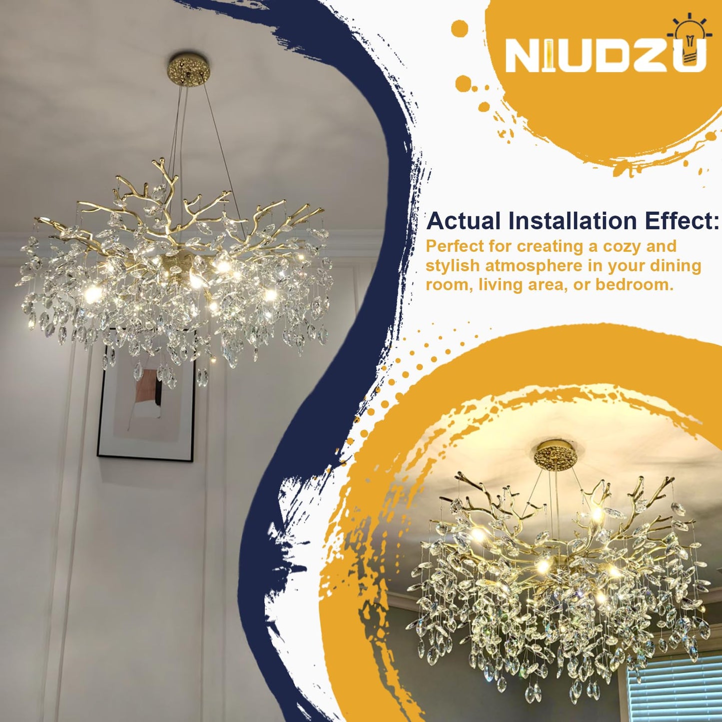 NIUZDU Gold Crystal Tree Branches Chandelier,23" Modern Round Crystal Chandeliers for Dining Room, K9 Crystal Lighting Fixture Chandelier for Bedroom, Living Room, Foyer,Kitchen Island,Bathroom