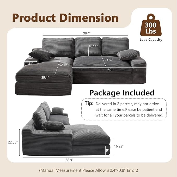 98.4" Cloud Modular Sectional Couch with Chaise,L-Shaped Modern Upholstered Sofa with Deep Seat,Corduroy Sectional Couches for Living Room and Bedroom,No Assembly Required(Grey)
