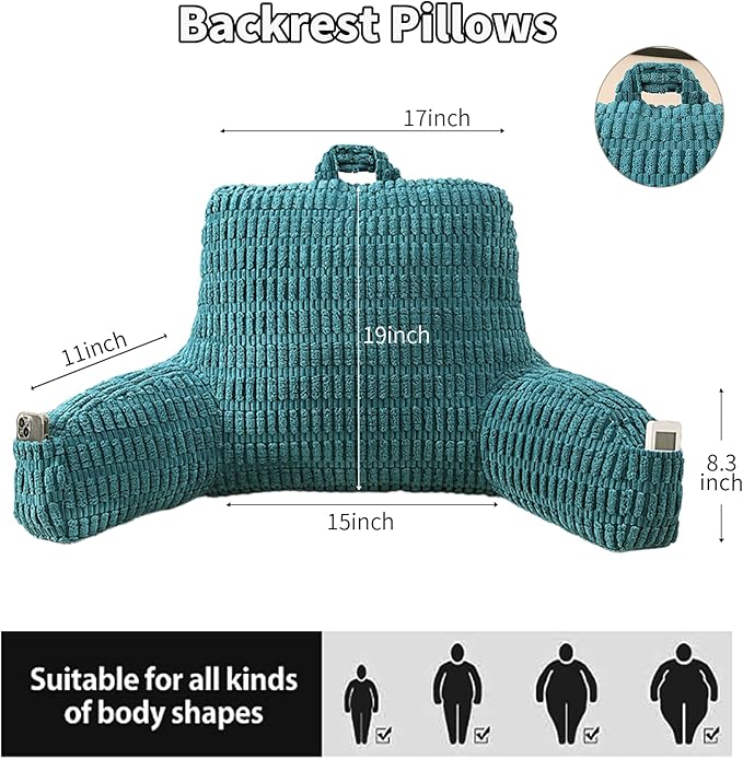 PAJEO Reading Pillow for Sitting in Bed, Large Backrest Reading Pillow with Arm Rest,Back-Rest Support Cushion for Sit Up on Couch, Sofa, and Floor, Dorm Essentials (Dark Green Corduroy, Large(19"))
