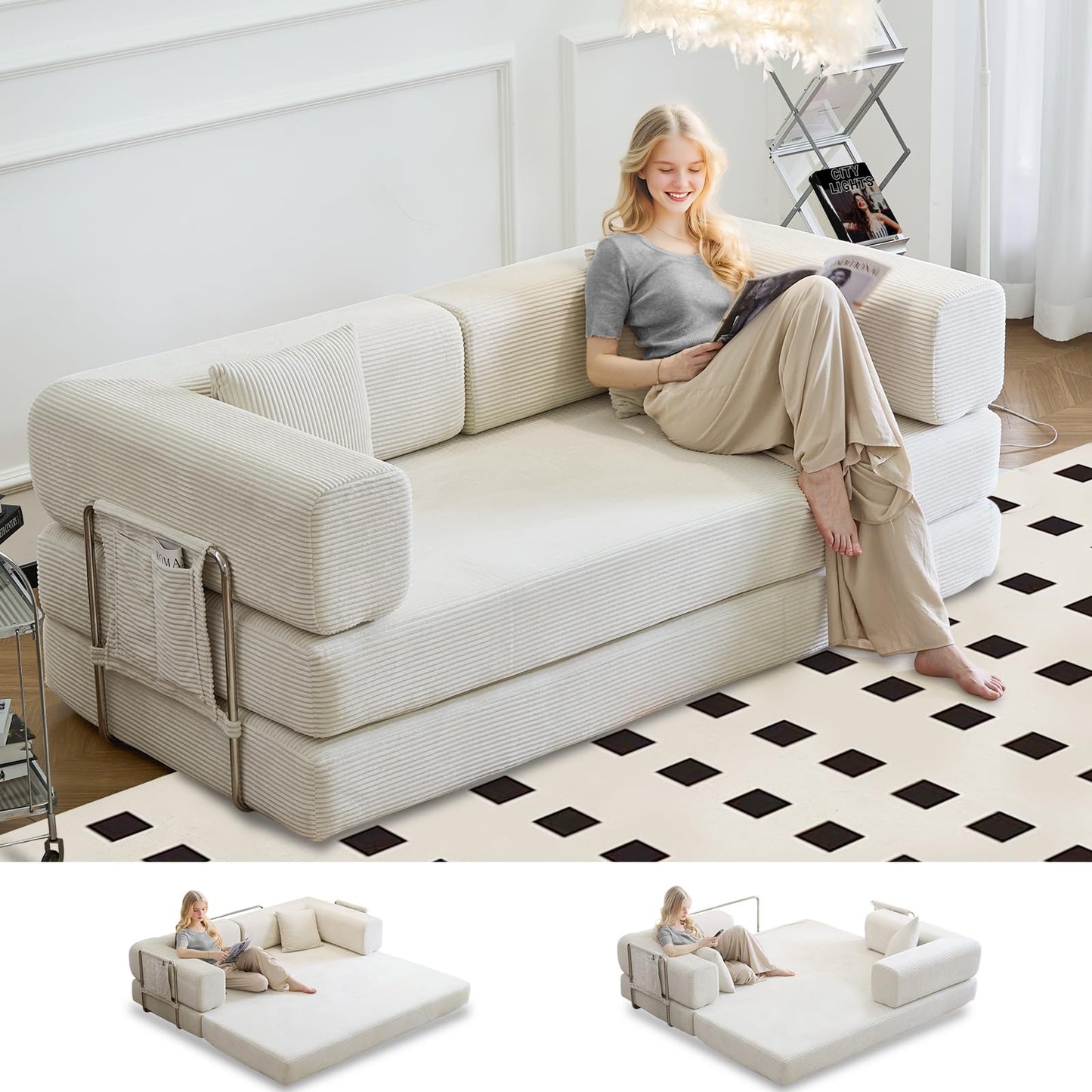 GEARIVY Folding Sofa Bed Convertable Corduroy Couch King Size Floor Sleeper 4-in-1 DIY Combination Modular Sofa Fold Out Futon Lounge Comfy Foldable Lazy cama for Living Room (Beige, 80.15'')