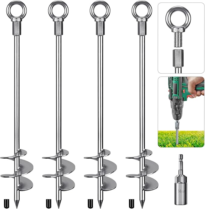 Insaga 24'' Fully Welded Ground Anchors Screw in, 3'' Wider Spiral Earth Anchor for Swing Set, 4pcs Mobile Home Anchors, Wind Resistant Trampoline Wind Anchors, Ground Anchors for Sheds