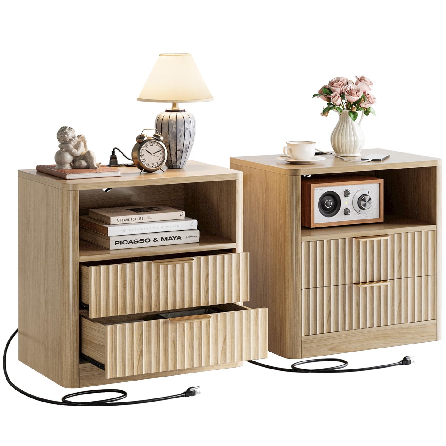 IRONCK 3 Pieces Dresser Bedroom Set, 6 Drawer Dresser and Nightstand Sets of 2 with Charging Station, Fluted Wood Chest of Drawers Wide Storage Cabinet Set, Natural