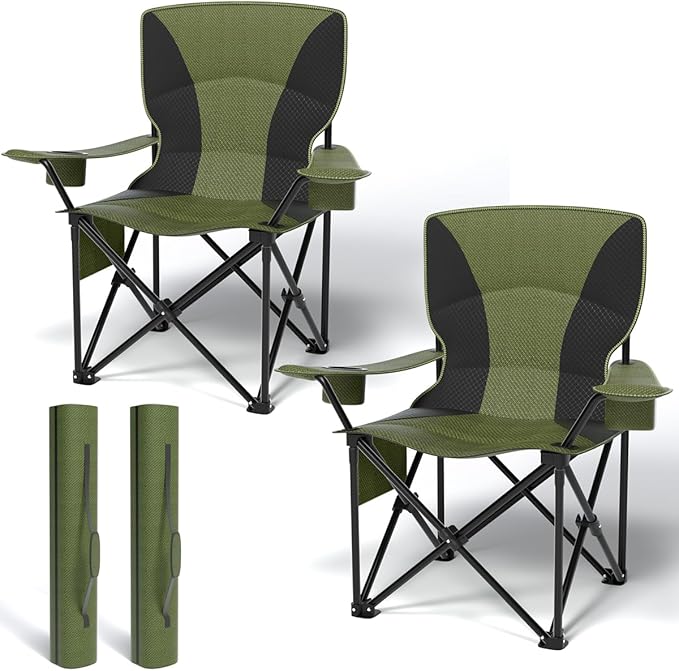 Heavy Duty Folding Chair 500LB Capacity, Oversized Camping Chairs with Cup Holder, Cooler Bag & Storage Pouch, Double-Laye...