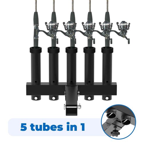 GOORIDA Hitch Mount Fishing Rod Holder, Fishing Pole Rack for Truck with 5-Rod Tubes, Adjustable for 2" Hitch Receivers & Easy to Use with Quick Release Pin