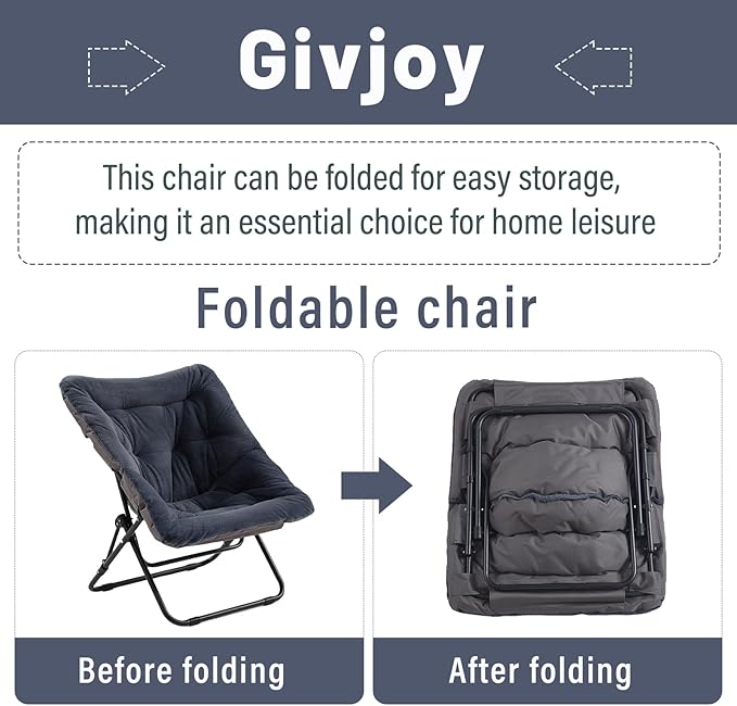 Givjoy Comfy Folded Chair, Soft Faux Fur Oversized Folding Chair, Flexible Lounge Lazy Chair for Kids Girls Teens Adults, Moon Chair for Dorm Rooms, Bedroom, Living Room