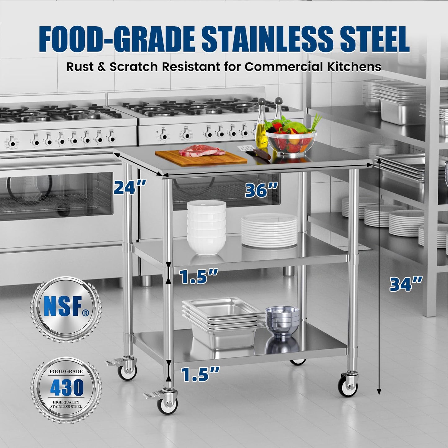 Chingoo Stainless Steel Work Table with Wheels, 24x36 Inch NSF Kitchen Prep Table with 2 Adjustable Undershelves for Commercial Restaurant, Garage, Outdoor BBQ