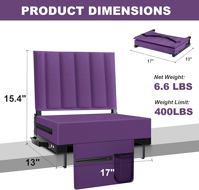 Aliphon Stadium Seat for Bleachers with Back Support and Cushion, Bleacher Seats with Shoulder Strap and Cup Holder, Padded Portable Folding Comfort Stadium Chair, for Sports Events, Purple(1pcs)