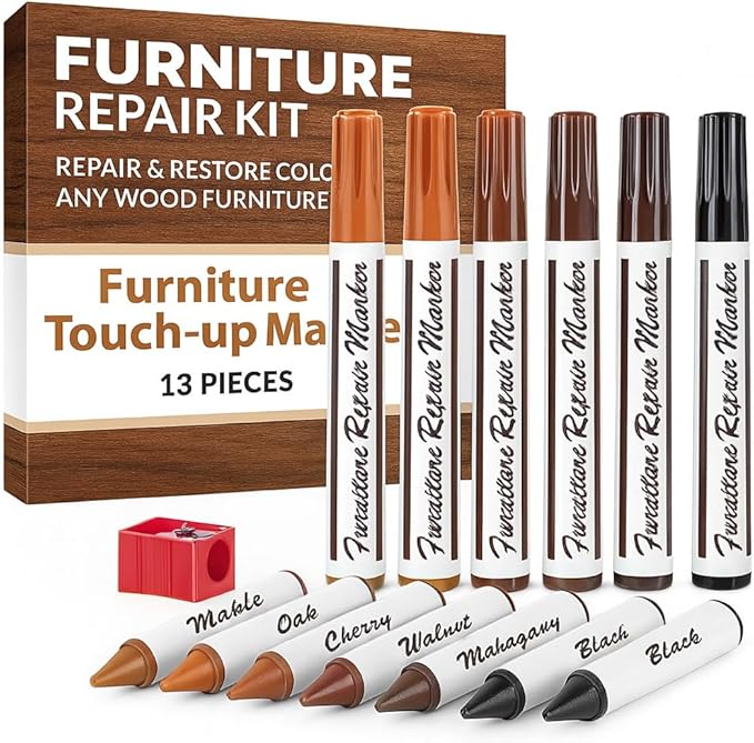 Wood Scratch Repair Kit Markers - 13 Piece Set – Furniture Touch Up Markers and Wax Sticks with Sharpener – for Wood Floor, Table, Cabinet, and Furniture Repair – 6 Colors