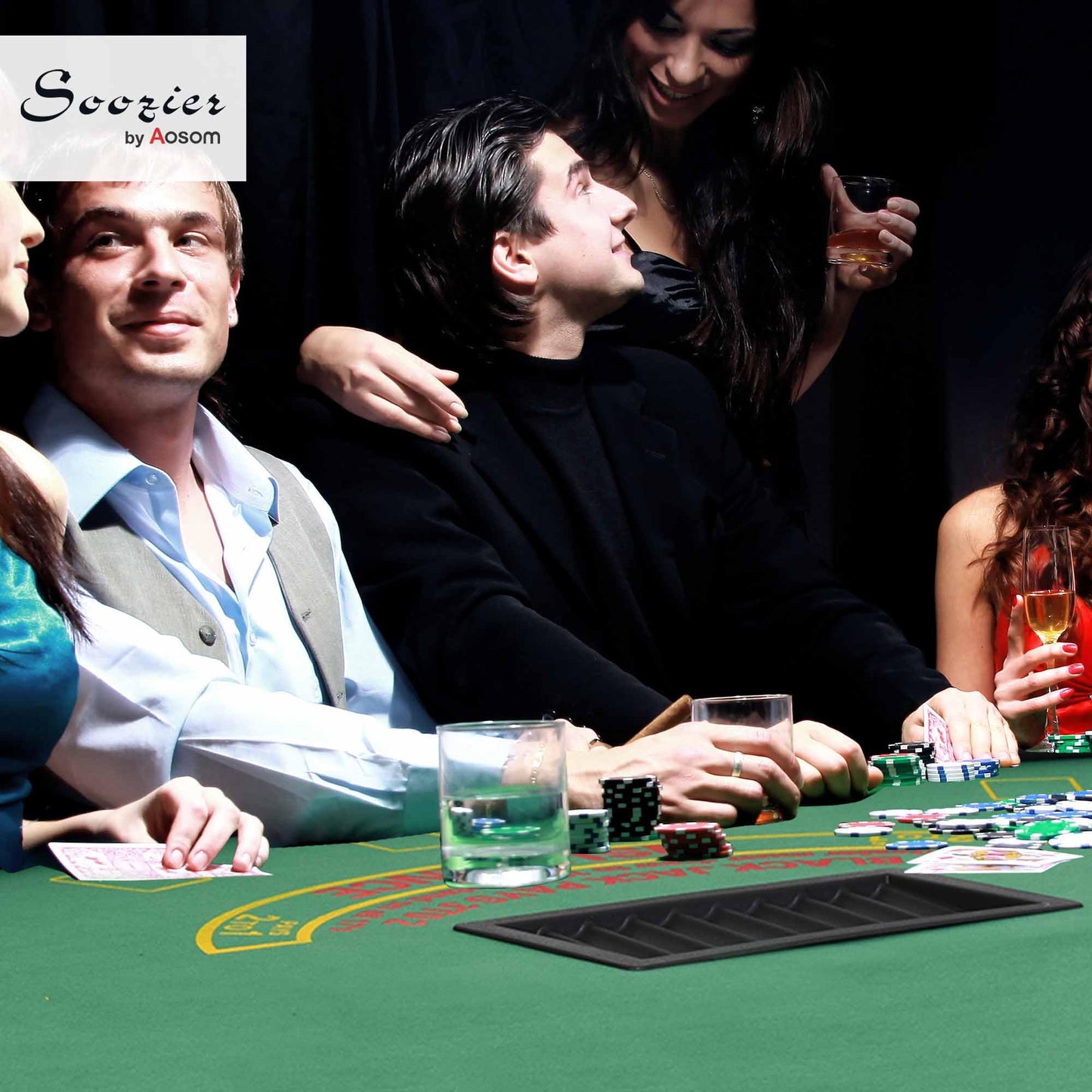 Soozier Poker Table Foldable, 72" Blackjack Table for 7 Players with Chip & Cup Holder, Green Felt