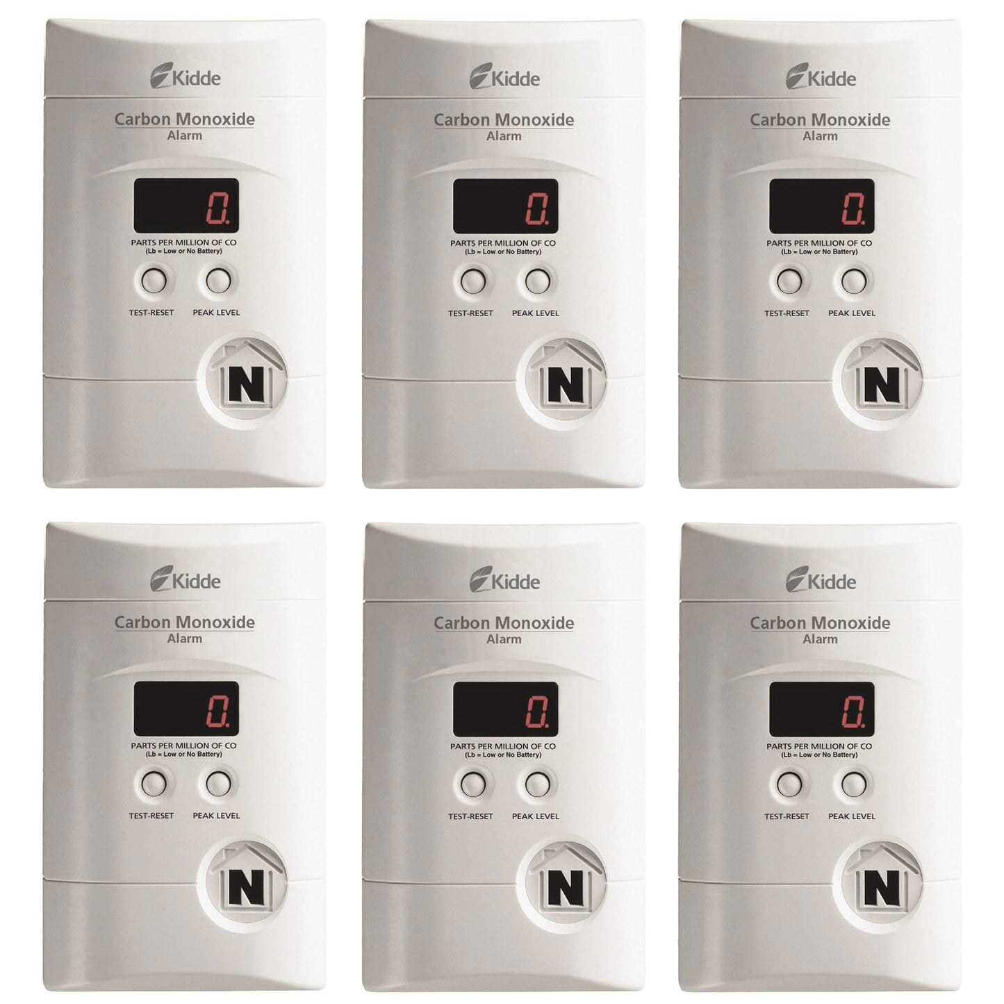 Kidde Carbon Monoxide Detector, Plug In Wall with 9-Volt Battery Backup, Digital LED Display - 6 Pack