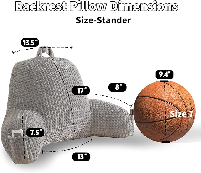 PAJEO Reading Pillow for Sitting in Bed, Large Backrest Reading Pillow with Arm Rest,Back-Rest Support Cushion for Sit Up on Couch, Sofa, and Floor, Dorm Essentials (Grey Flannel, Standard(17inch))