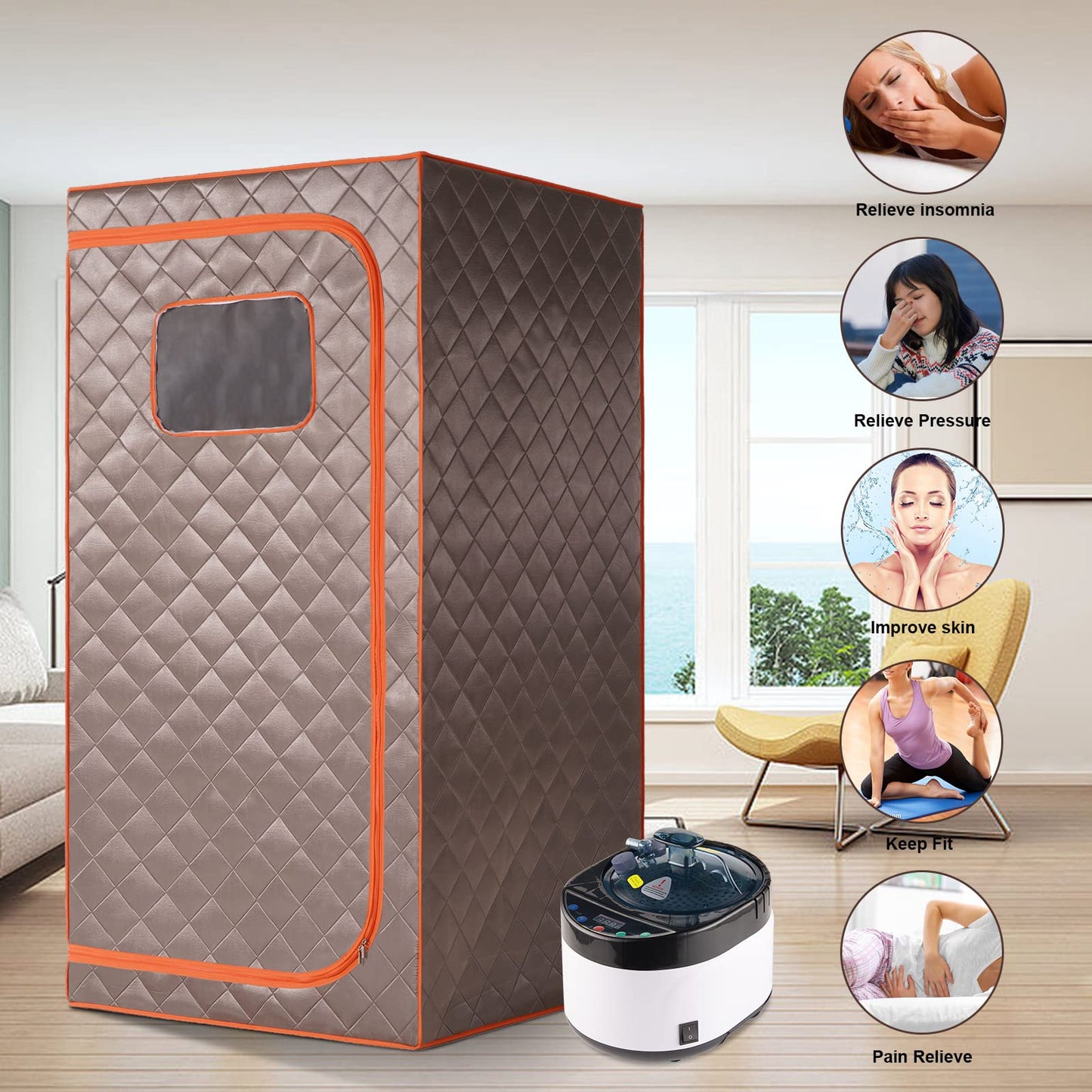 TaTalife Portable Steam Sauna, Full Size Personal Sauna for Home, with 4L & 1500W Steam Generator, Remote Control, Timer (Single Steam 4L Steamer Set - Dark Grey Orange Rim, 33.85" x 33.85" x 65.74")