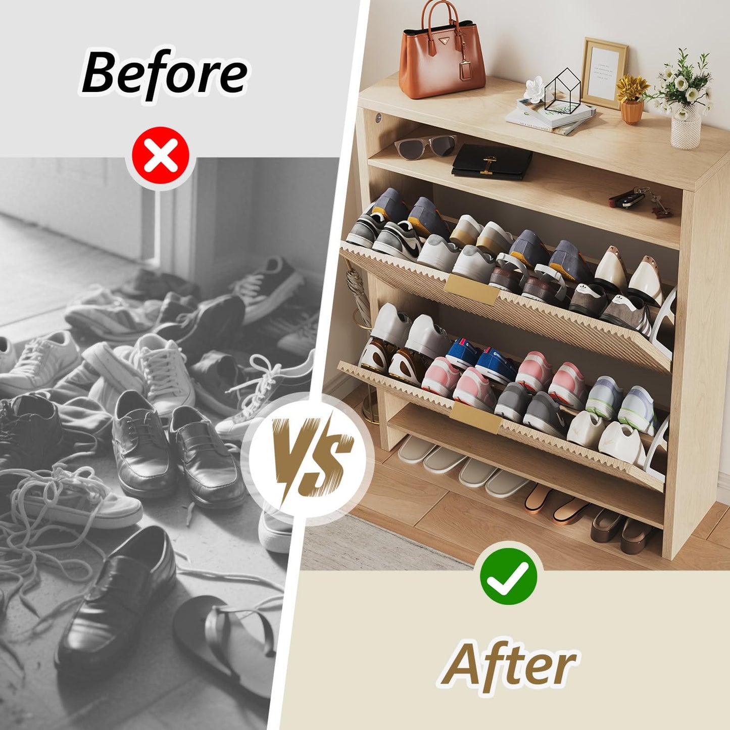 Angel Sar 31.5" Fluted Shoe Cabinet Storage for Entryway, Narrow Shoe Organizer with 2 Flip Drawers Open Compartment & Gold Handles, Freestanding Entryway Cabinet for Hallway, Living Room