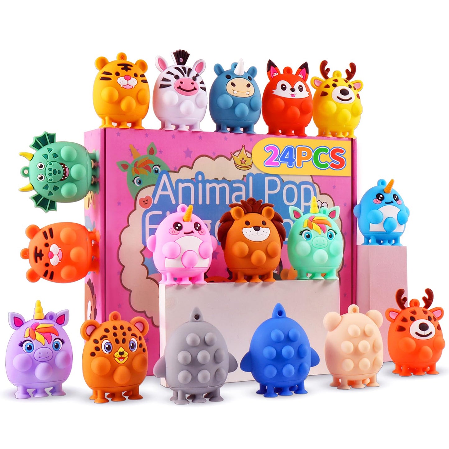 ChildFun 24 PCS Party Favors for Kids, Silicone Animal Pop Fidget Toys with Suction, Birthday Gifts for Boy Girls, Treasure Box Toys, Goodie Bag Stuffers, Prizes for Kids, Pinata Stuffers