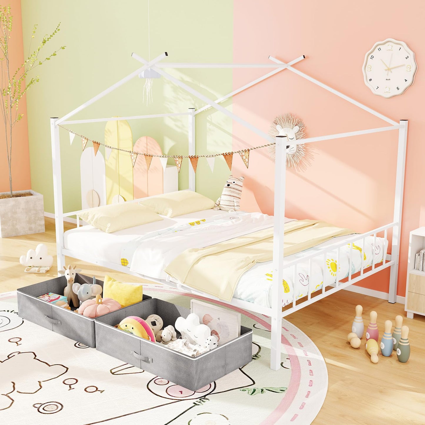 Giantex Full Size House Bed with 2 Storage Drawers, Metal Montessori Bed Frame with Headboard & Footboard, Full House Beds for Kids Girls Boys, No Box Spring Needed, Noise Free (White)