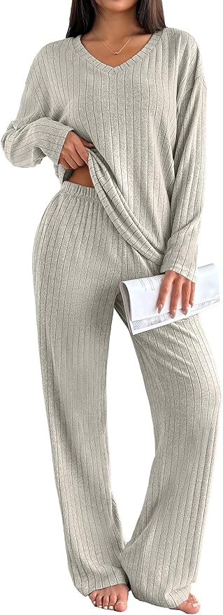 Ekouaer Lounge Sets for Women Long Sleeve Knit Ribbed Pajama Sets 2 Piece Casual Loungewear with Pockets
