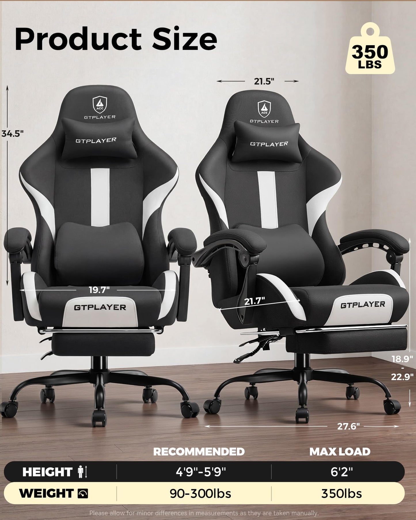 LUCKRACER Big and Tall Gaming Chair, 350Lbs Heavy Duty Office Chairs High Back Computer Chairs with Foot Rest Wide Cushion Lumbar Support Desk Chair Comfy for Adults Breathable Fabric, Black