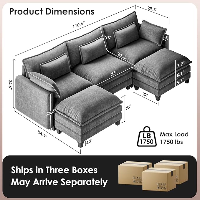 Marsail Modular Sectional Sofa 110.6" U-Shaped Modern Comfy Cloud Couch, 5-Seat Chenille Deep Seat Sofa with Throw Pillow & Movable Ottoman for Living Room, Bedroom and Apartment, Charcoal Gray