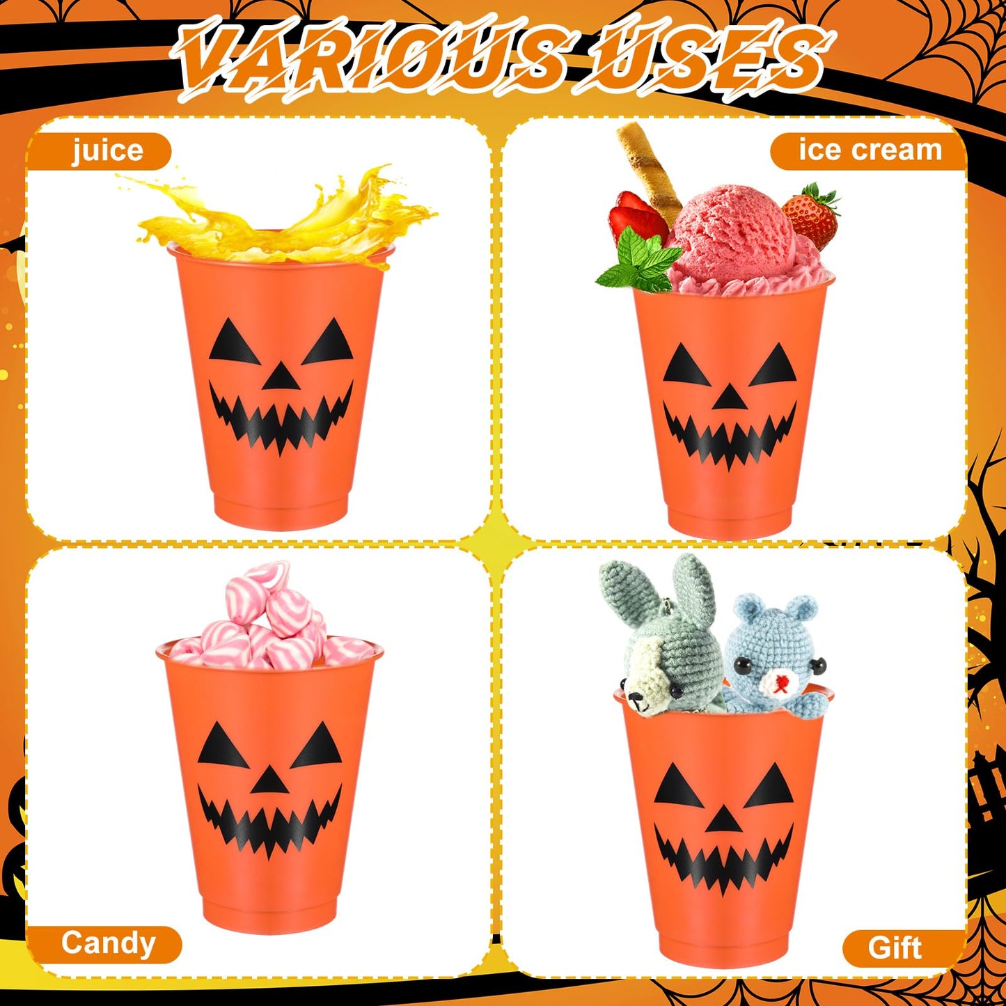 Suttmin 16 Pcs Halloween Party Cups 16 oz Plastic Cups with Lids and Straws Pumpkin Face Reusable Tumbler for Halloween Party Favors Supplies Coffee Tea Cold Drinks