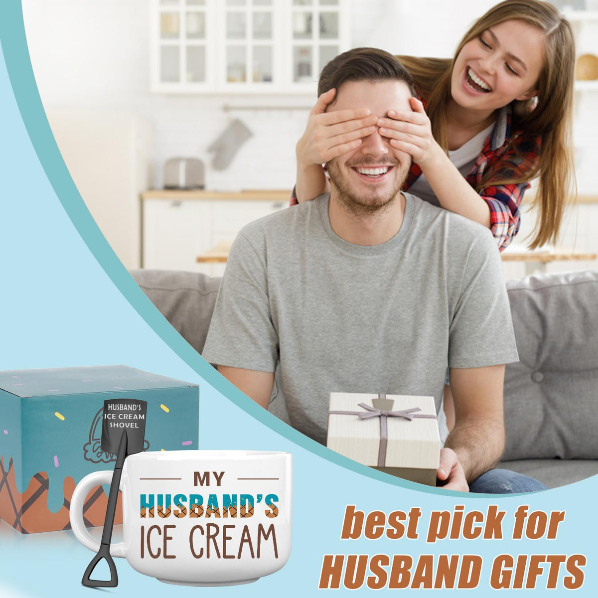 BackURyear Husband Birthday Gifts from Wife, Fathers Day Husband Gifts, Romantic Gift for Anniversary, Novelty Ice Cream Ceramic Bowl with Shovel Spoon Set