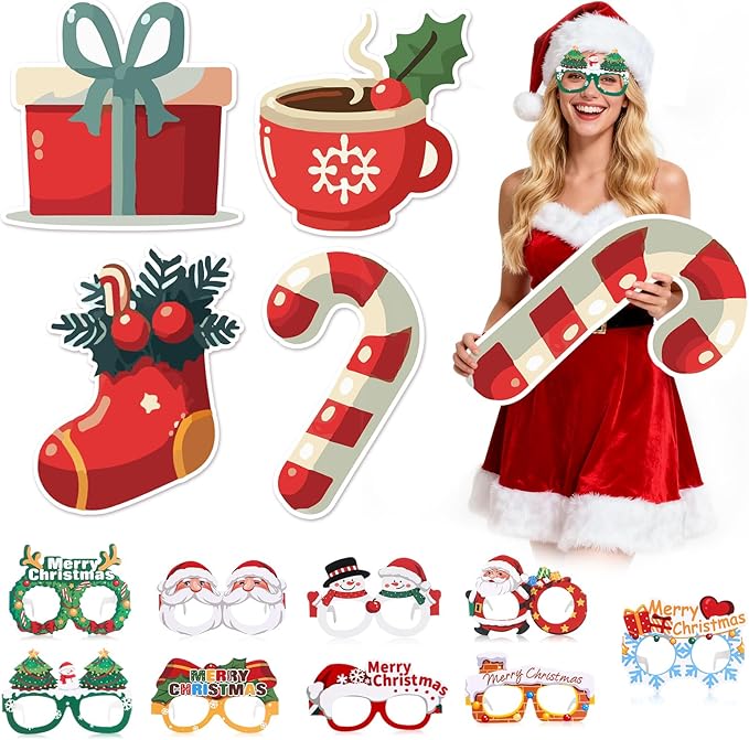 Thyle 13 Pcs Christmas Photo Booth Props Large Candy Cane Decorations Gift Box Stocking Christmas Party Decorations Paper ...