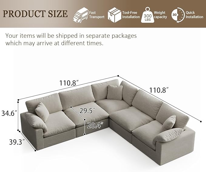 Forest aesthetics 211.6" Cloud Modular Sectional Sofa,Light Beige Down Filled Sofa 5 Seat,Minimalist Sofa Cover Washable and Replaceable Couches for Living Room,Sectional Sofa Deep Seat