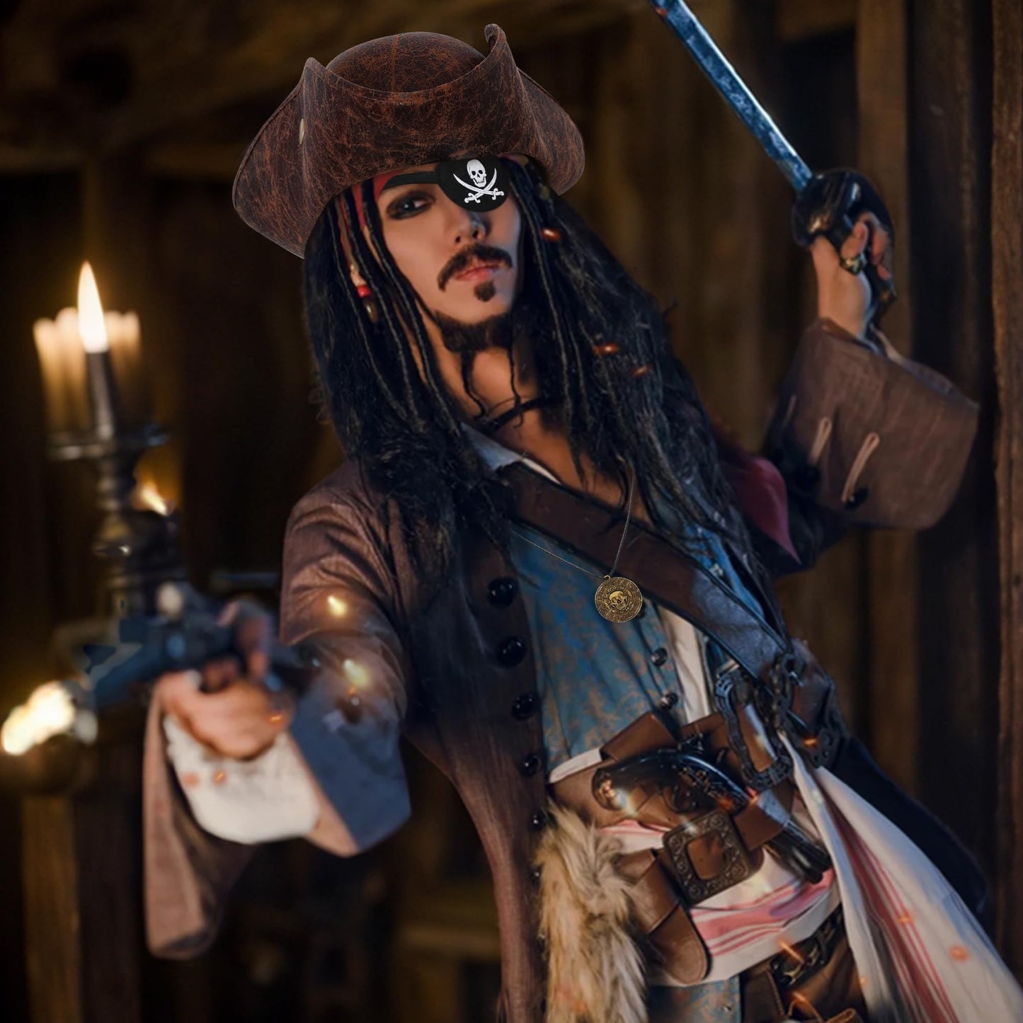 Renaissance Pirate Hat Costome Decoration Halloween Exchange For Male Female Tricorn Hat With Eye Patch & Necklaces