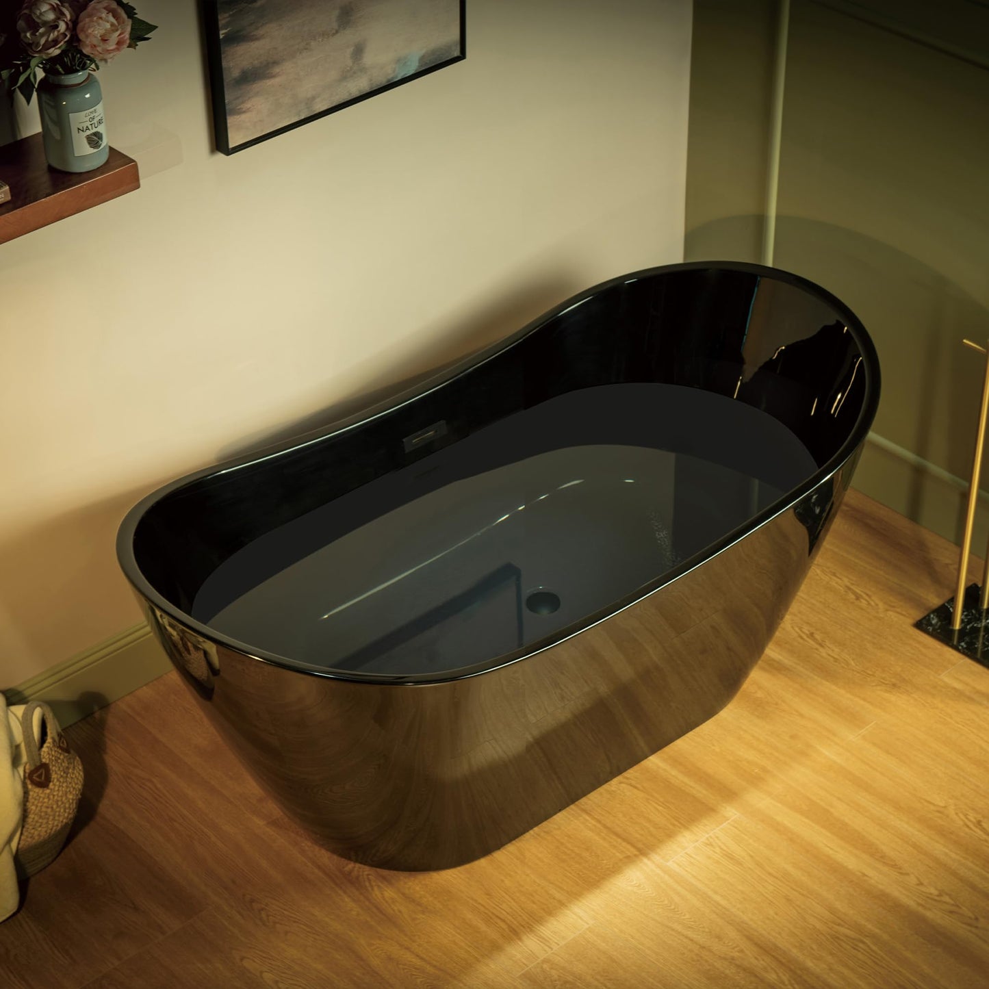 WOODBRIDGE 59" L x 28-3/4" W Freestanding Contemporary Soaking Bathtub with Matte Black Drain & Overflow, Black, B8811-MB
