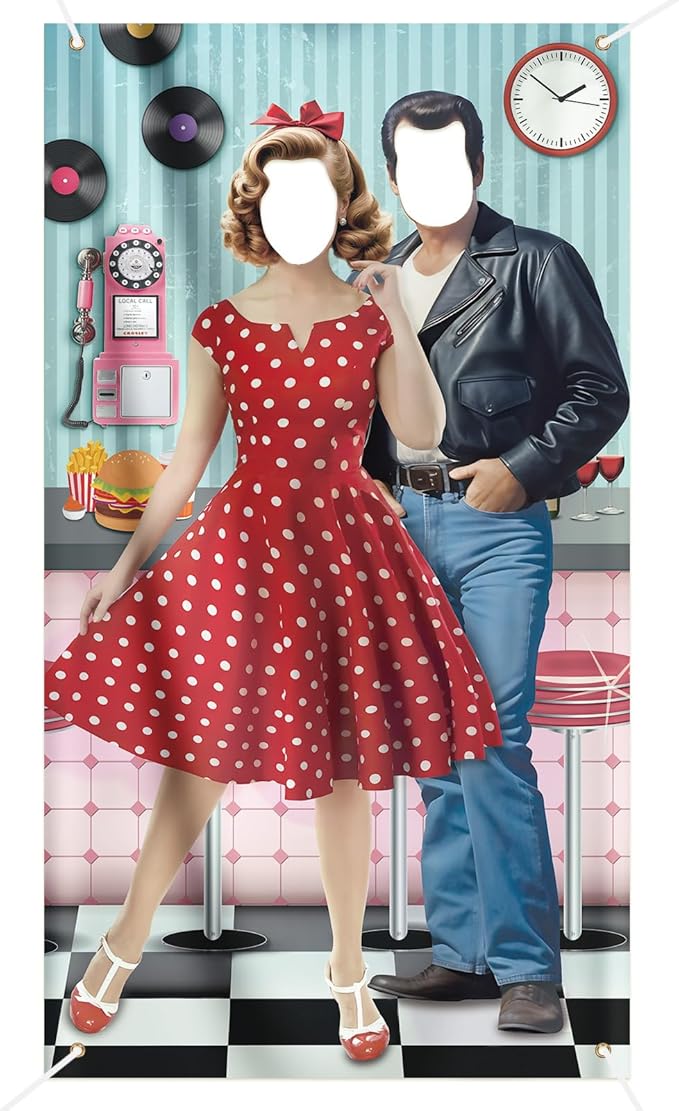 50s Party Decorations Photo Booth Prop Photo Backdrop Door Banner Sock Hop Party Decorations Rock and Roll 1950s Party Pho...