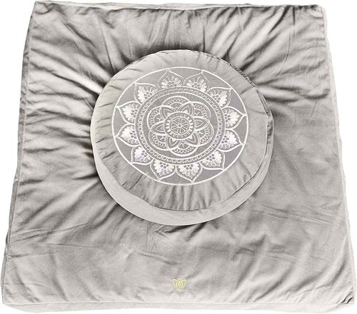 Florensi Meditation Cushion & Zabuton Mat Bundle - Grey, Round, 16 in x 5 in, Supportive Buckwheat Sitting Pillow, Plush Zabuton Meditation Mat, Versatile Yoga Bolster Pillow