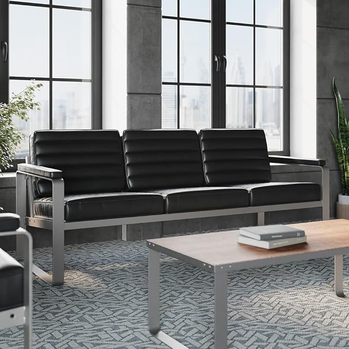 NBF 3 Seat Office Lounge Sofa - Black Polyurethane Upholstery with Charcoal Metal Frame - Modern Waiting Room Sofa Bench - 78.75" W x 30.75" D x 29.5" H