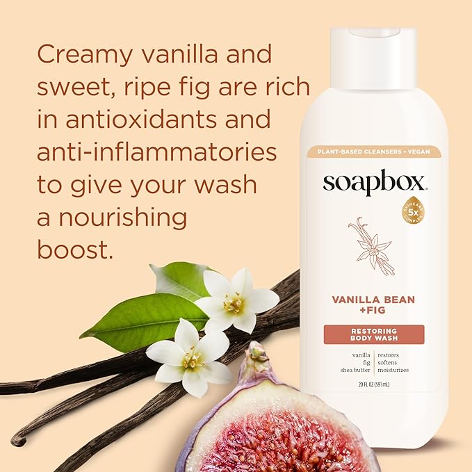 Soapbox Body Wash, Vanilla Bean & Fig Liquid Body Wash, Moisturizing Soap with Shea Butter, Vegan Duo Pack of 2 Soap Bottles, 20oz Each