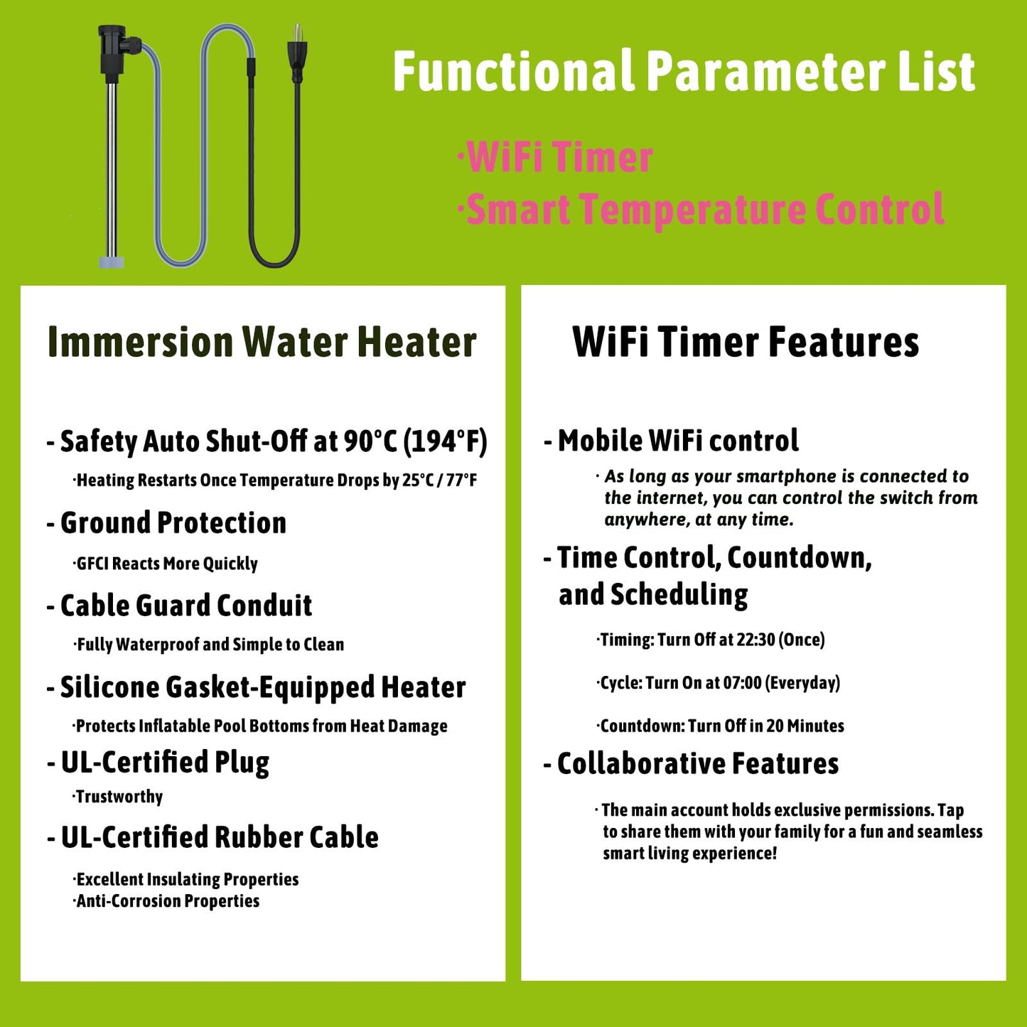 LINGLONGTEMP 2000W Submersible Immersion Water Heater for Hot Tub & Pool – Portable Electric Heater with WiFi Timer & 194°F Temp Control for Bathtub, Baptistry, Above Ground Pool & Inflatable Pool