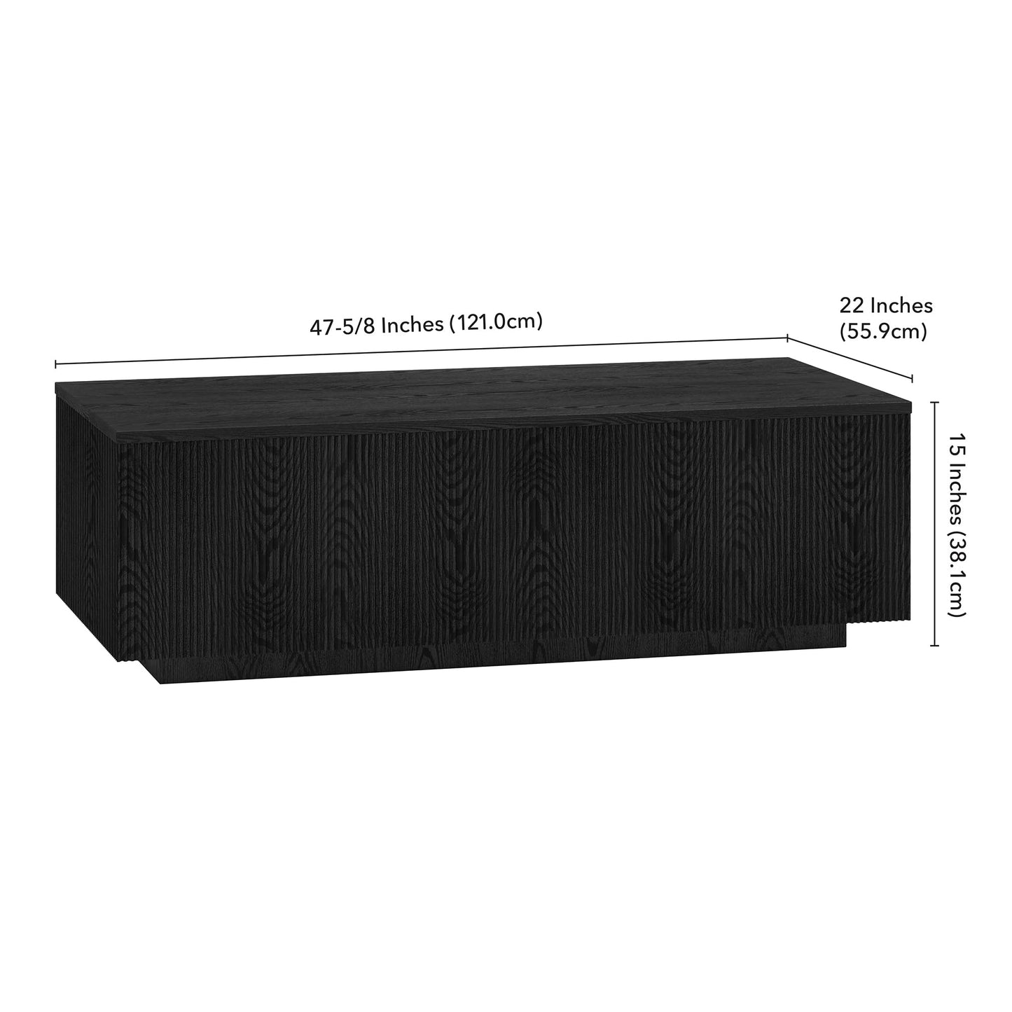 Henn&Hart 48" Fluted Rectangular Low-Profile Coffee Table with Ribbed Sides for Living Room, Family Room, or Office, Natural Black