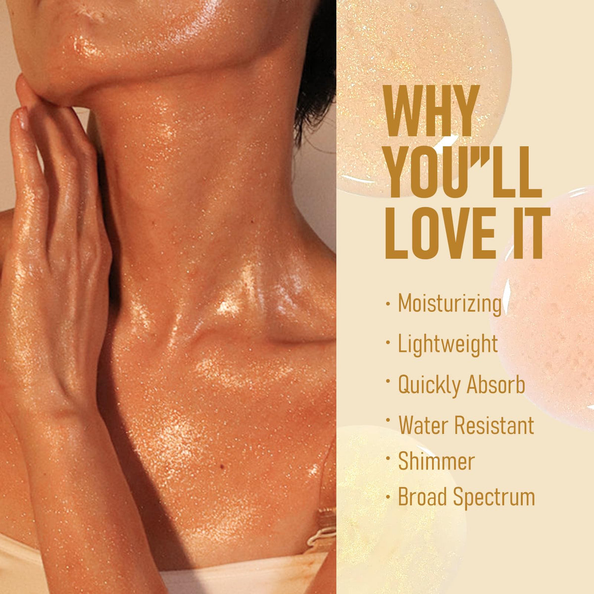 Sunscreen Body Glow Oil, Broad Spectrum SPF 45, Lightweight Water Resistant Shimmering Body Oil with Rose Gold Mica, Moisturizin