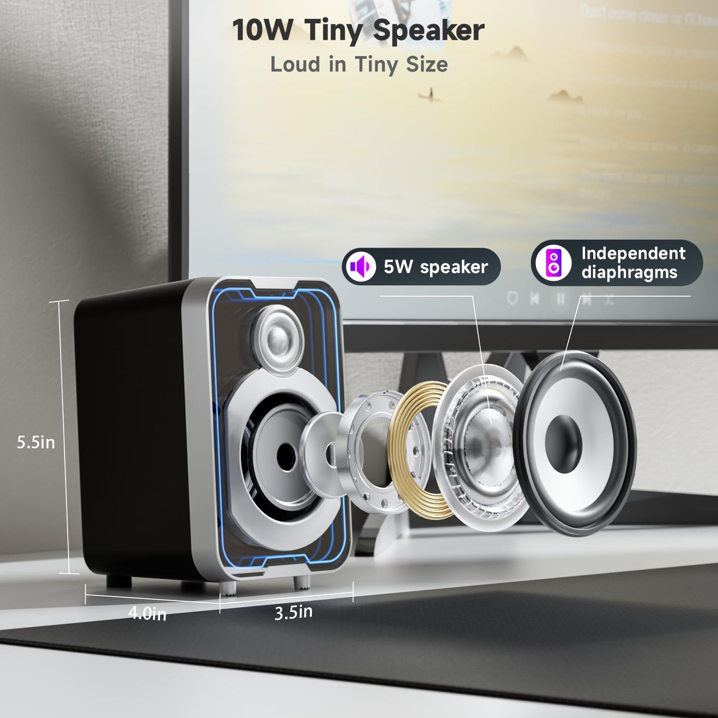 SOULION 2.0 Computer Speakers, 10W USB-Powered Bluetooth Wired PC Speakers with Easy-Control Pod for Desktop, Tiny Desk Soundbar with 5 Mirror-Like LED Light Modes for Monitor Laptop - Black