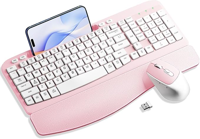 Wireless Keyboard and Mouse Combo, Wave Keys Computer Ergonomic Keyboard with Cushioned Plam Rest, Phone Holder, 2.4GHz Si...