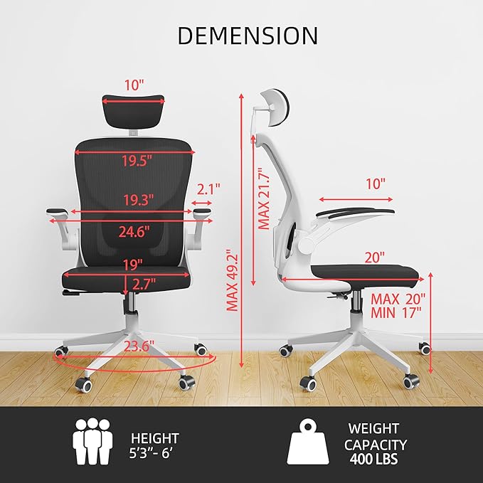 ZYFFHYLAI Office Chair Ergonomic Desk Chair, 350 LBS Mesh Office Chair with Lumbar Support, Comfy Desk Chair with Wheels, Big and Tall Chair for Study Work Gaming (Black+White)