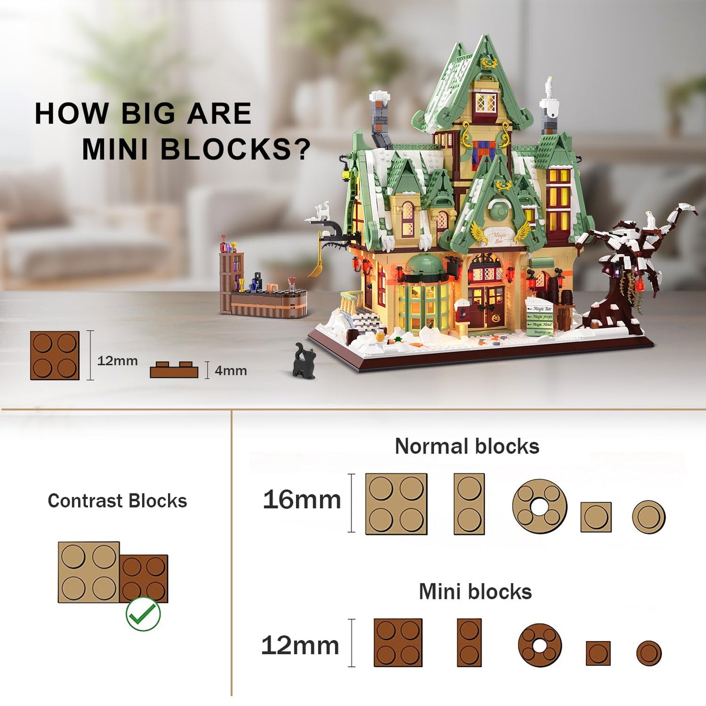 HOGOKIDS Magic Bar House Building Set with LED Light - Halloween House Architecture 3.6mm Mini Building Block Home Office Decor, Magical Birthday Gift for Adults Kids Age 10+ Boy & Girl (2479 PCS)
