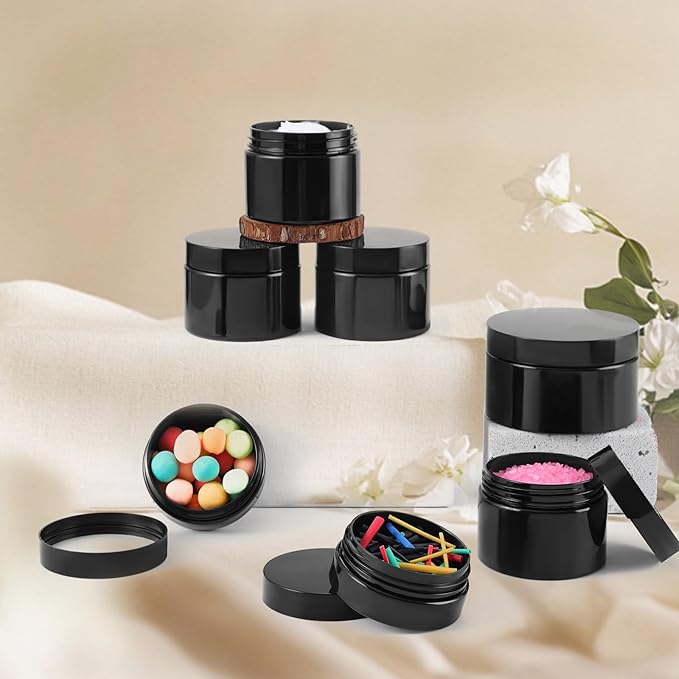 24 Pack 8 Oz Plastic Containers with black Lids, Empty BPA Free and Refillable Cosmetic Jars Travel Containers for Creams, Lotion, Bath Salts, Sugar Scrub, Slime, Lip Scrub, Makeup