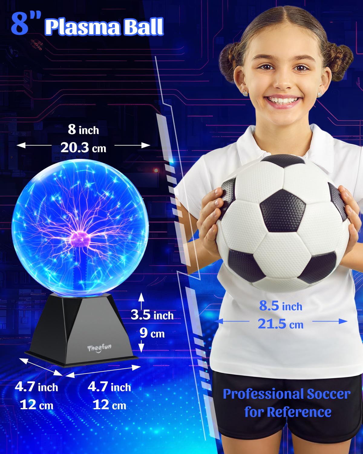 Theefun Blue Plasma Ball: 8 Inch Huge Plasma Globe Birthday Gifts Touch & Sound Sensitive Plasma Ball Lamp Electric Ball Lightning Novelty Light for Parties, Home, Prop, Room Decoration